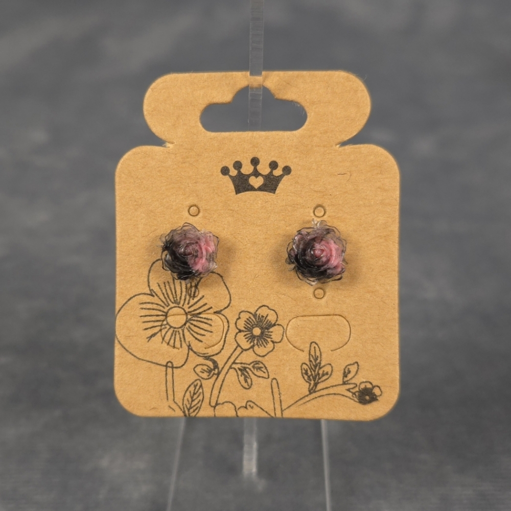 Pink Black Rose Flower Stud Earring Stainless Steel Post Butterfly/Silicone Back